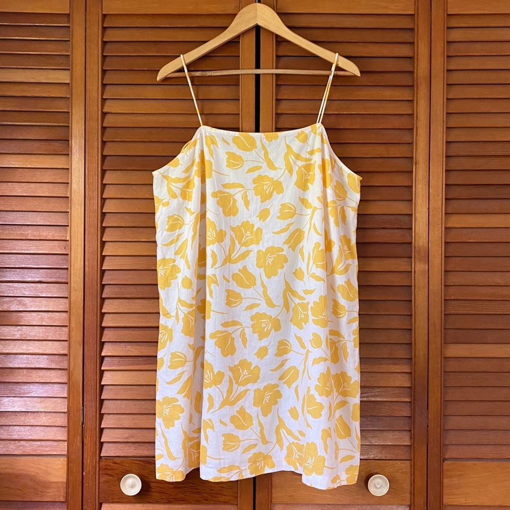 Old Navy Linen Dress Women's Size XL Linen Rayon Yellow Floral Tie Shoulder